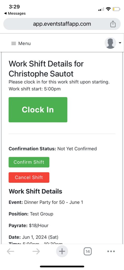 Work shift page with Clock In button