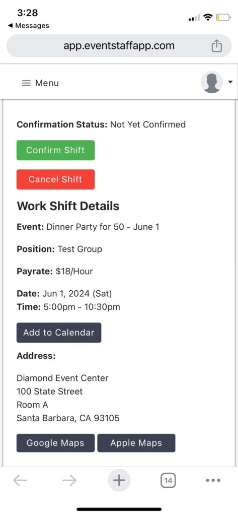 Screenshot of the work shift page