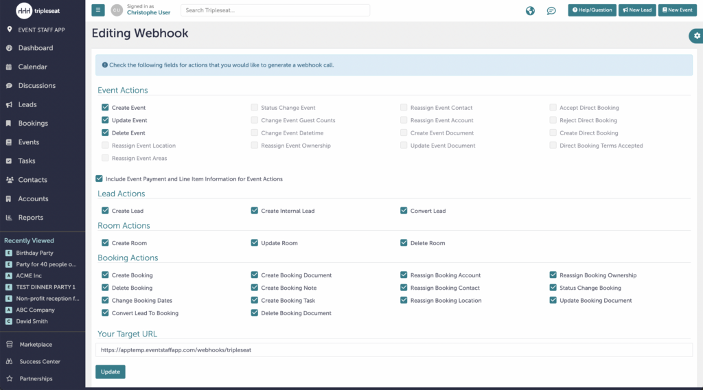 Tripleseat webhook permissions