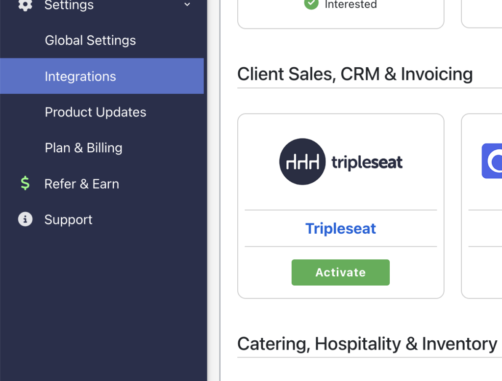 Button to activate the Tripleseat integration with Event Staff App