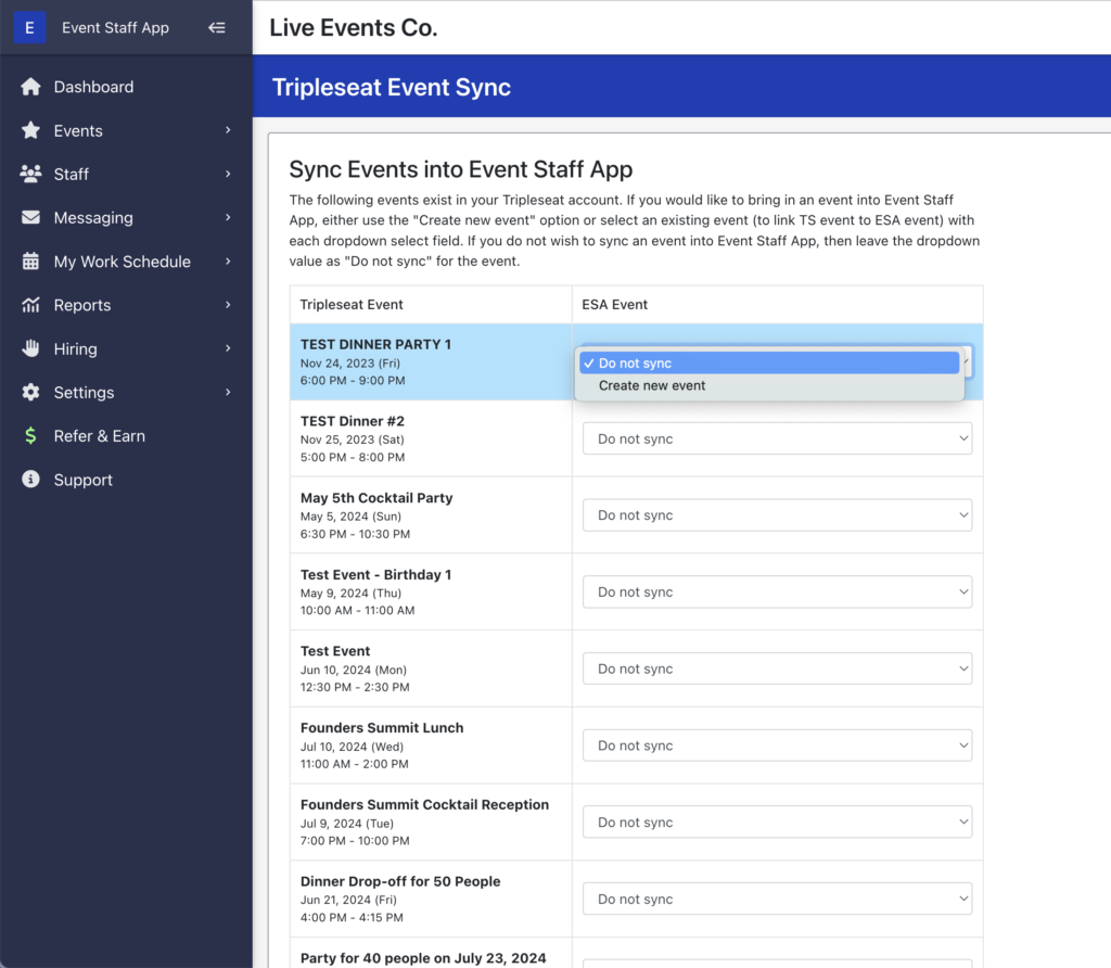 How to match existing events in Tripleseat to events in Event Staff App