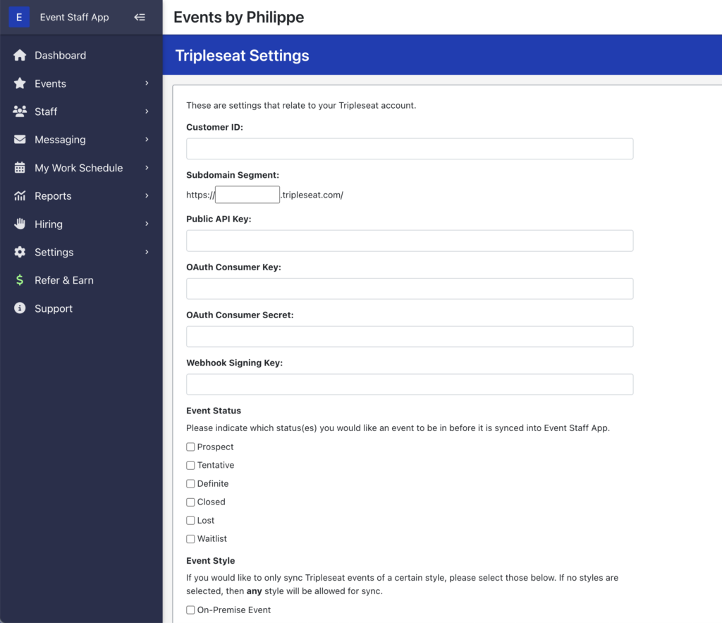 Settings page for Tripleseat integration with Event Staff App