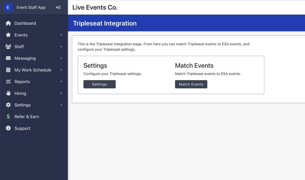 Top page for Tripleseat integration with Event Staff App